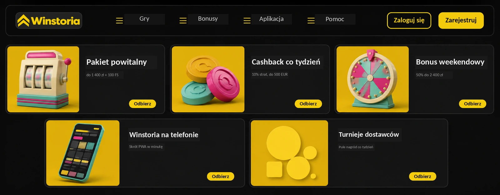 Winstoria Casino — sekcja promocji z pakietem powitalnym